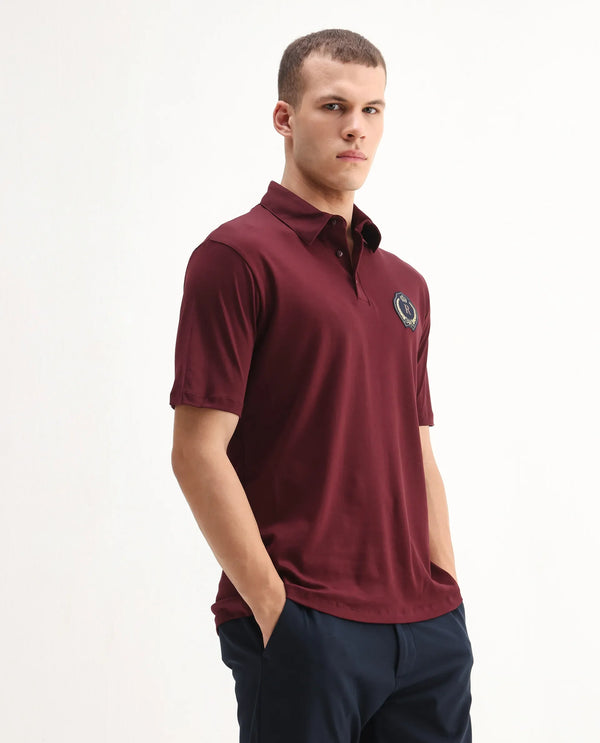 Rare Rabbit Men's Ritz Maroon Cotton Fabric Short Sleeve Regular Fit Solid Polo T-Shirt