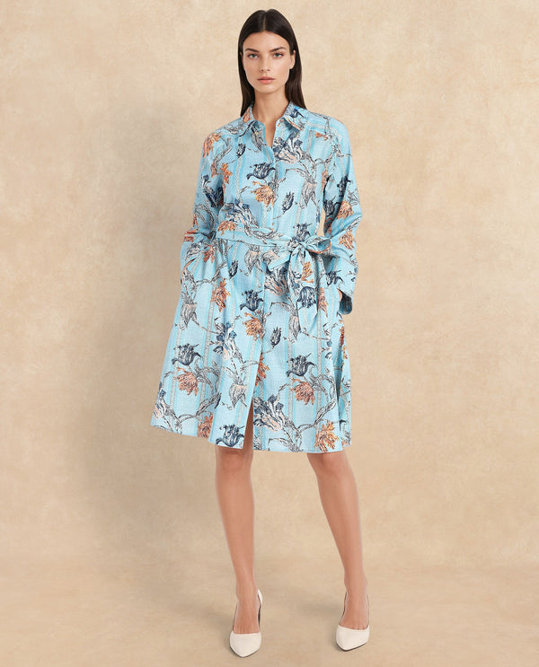 Rareism Women's Riveria Blue  Drop Collar Button Closure Raglan Sleeve Floral Print A-Line Knee Length Dress