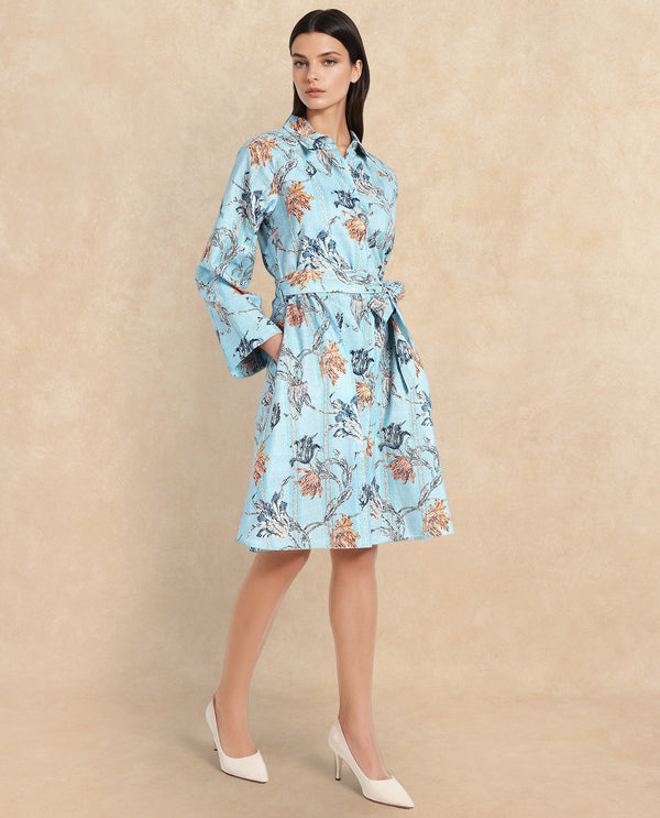 Rareism Women's Riveria Blue  Drop Collar Button Closure Raglan Sleeve Floral Print A-Line Knee Length Dress
