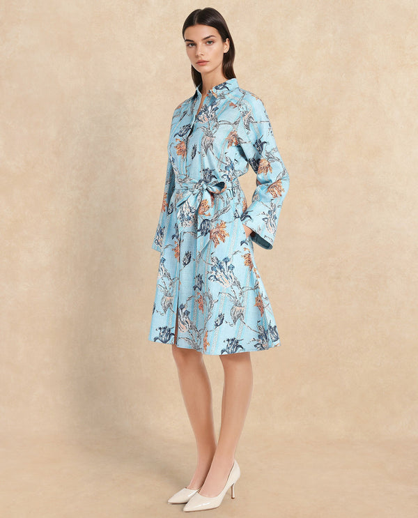 Rareism Women's Riveria Blue  Drop Collar Button Closure Raglan Sleeve Floral Print A-Line Knee Length Dress