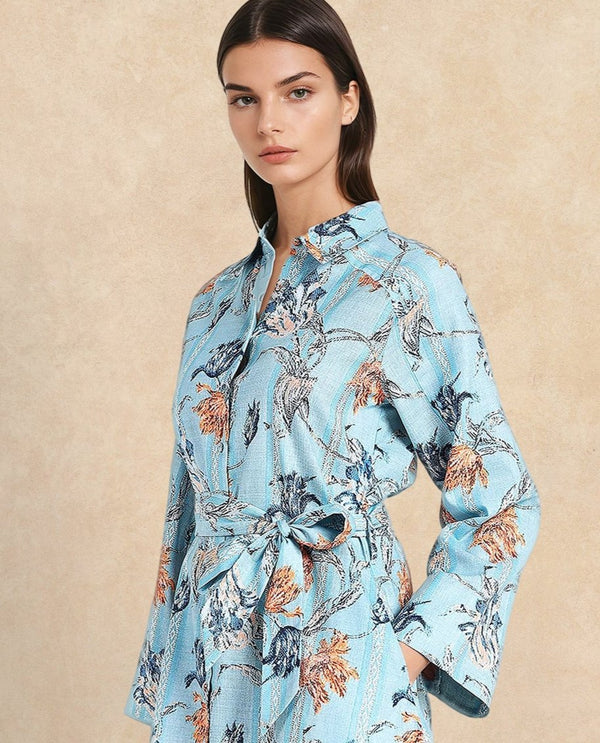 Rareism Women's Riveria Blue  Drop Collar Button Closure Raglan Sleeve Floral Print A-Line Knee Length Dress