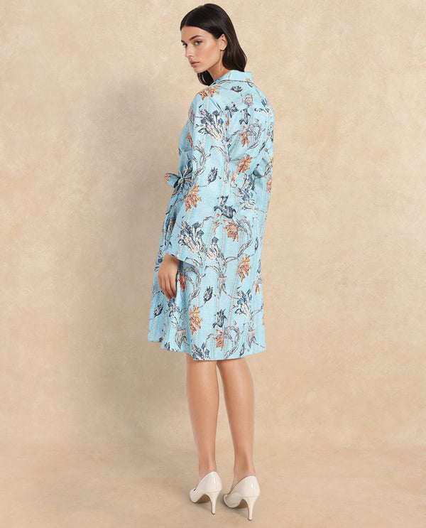 Rareism Women's Riveria Blue  Drop Collar Button Closure Raglan Sleeve Floral Print A-Line Knee Length Dress