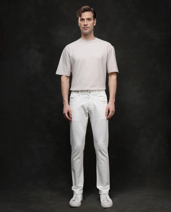 Rare Rabbit Mens Rivol Off White Cotton Polyester Rinse Wash Solid Slim Fit Jeans