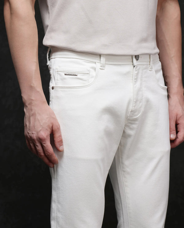 Rare Rabbit Mens Rivol Off White Cotton Polyester Rinse Wash Solid Slim Fit Jeans