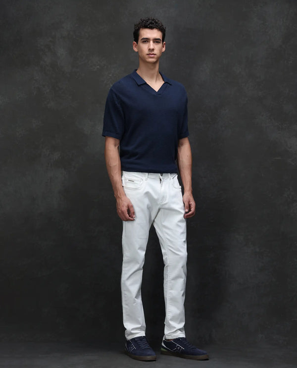 Rare Rabbit Mens Rivol Off White Cotton Polyester Rinse Wash Solid Slim Fit Jeans