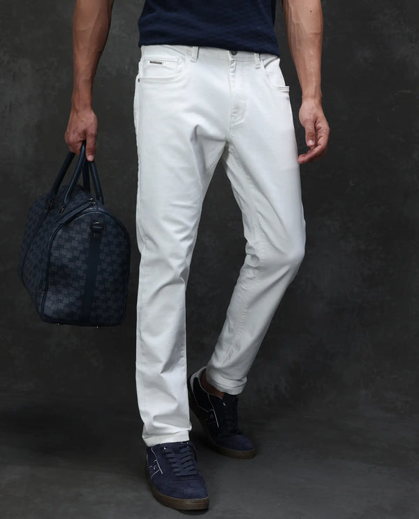Rare Rabbit Mens Rivol Off White Cotton Polyester Rinse Wash Solid Slim Fit Jeans