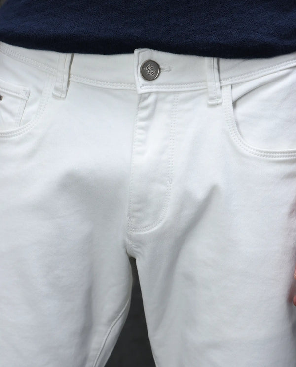 Rare Rabbit Mens Rivol Off White Cotton Polyester Rinse Wash Solid Slim Fit Jeans