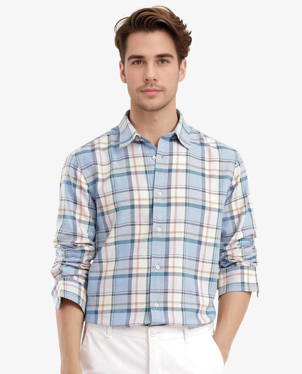 Rare Rabbit Men Rix Light Blue Full Sleeve Regular Collar Button Closure Regular Fit Checks Shirt