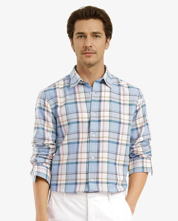 Rare Rabbit Men Rix Light Blue Full Sleeve Regular Collar Button Closure Regular Fit Checks Shirt