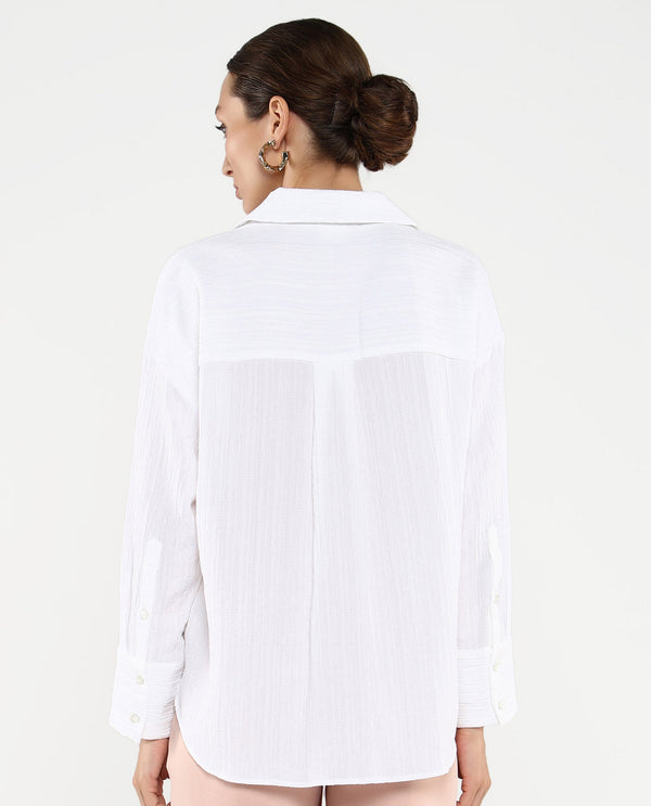 Rareism Women's Roag White Cuffed Sleeves Collared Neck Plain Shirt