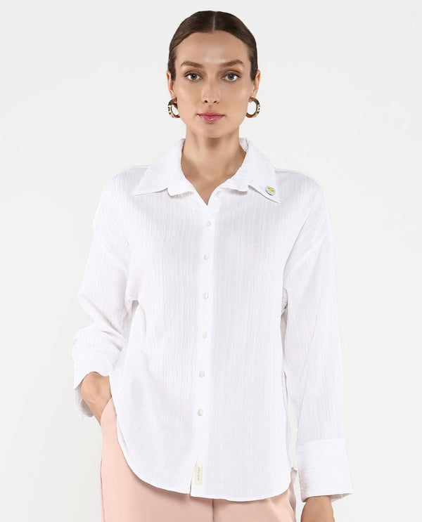 Rareism Women's Roag White Cuffed Sleeves Collared Neck Plain Shirt