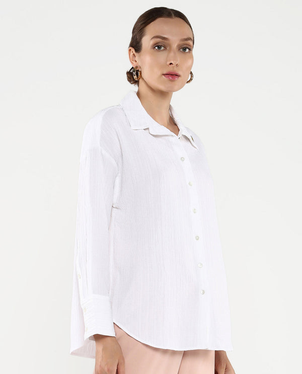 Rareism Women's Roag White Cuffed Sleeves Collared Neck Plain Shirt