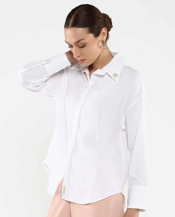 Rareism Women's Roag White Cuffed Sleeves Collared Neck Plain Shirt