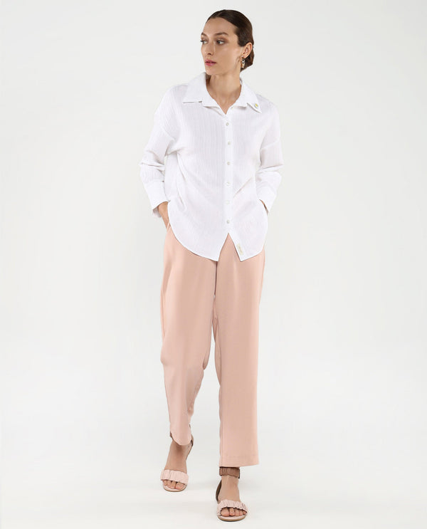 Rareism Women's Roag White Cuffed Sleeves Collared Neck Plain Shirt