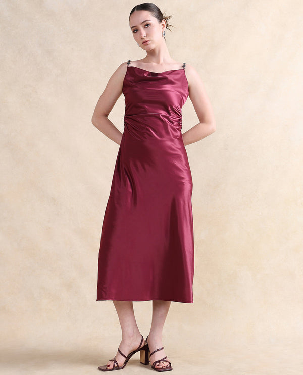 Rareism Women Roala Maroon Satin Sleeveless Shoulder Straps Zipper Closure Fitted Maxi Plain Dress