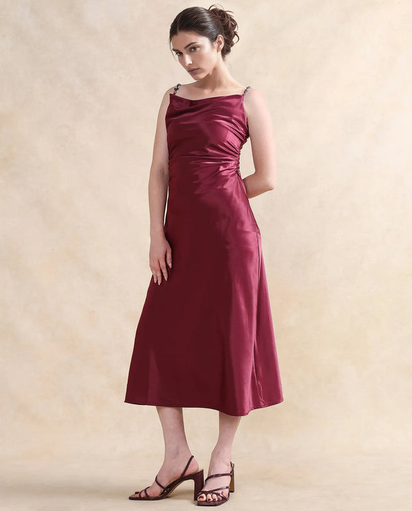 Rareism Women Roala Maroon Satin Sleeveless Shoulder Straps Zipper Closure Fitted Maxi Plain Dress