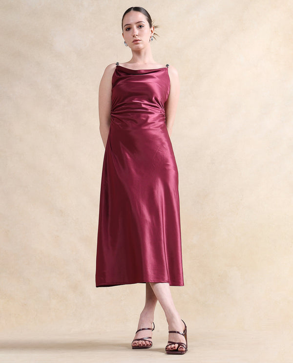 Rareism Women Roala Maroon Satin Sleeveless Shoulder Straps Zipper Closure Fitted Maxi Plain Dress