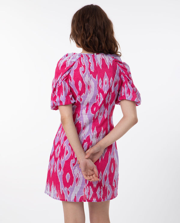 Rareism Women's Roan Pink Cotton Fabric Crew Neck Zipper Closure Puff Sleeve Abstract  Mini Dress