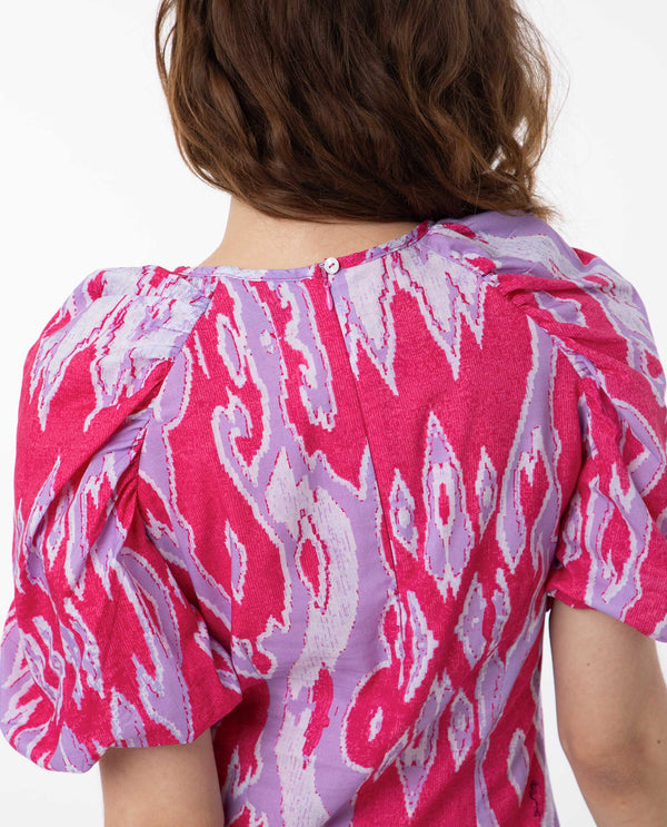 Rareism Women's Roan Pink Cotton Fabric Crew Neck Zipper Closure Puff Sleeve Abstract  Mini Dress