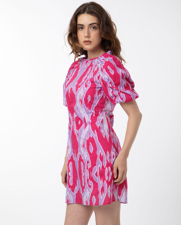 Rareism Women's Roan Pink Cotton Fabric Crew Neck Zipper Closure Puff Sleeve Abstract  Mini Dress