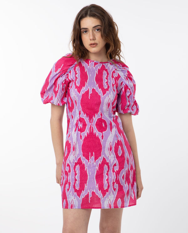 Rareism Women's Roan Pink Cotton Fabric Crew Neck Zipper Closure Puff Sleeve Abstract  Mini Dress
