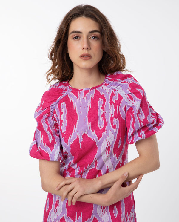 Rareism Women's Roan Pink Cotton Fabric Crew Neck Zipper Closure Puff Sleeve Abstract  Mini Dress