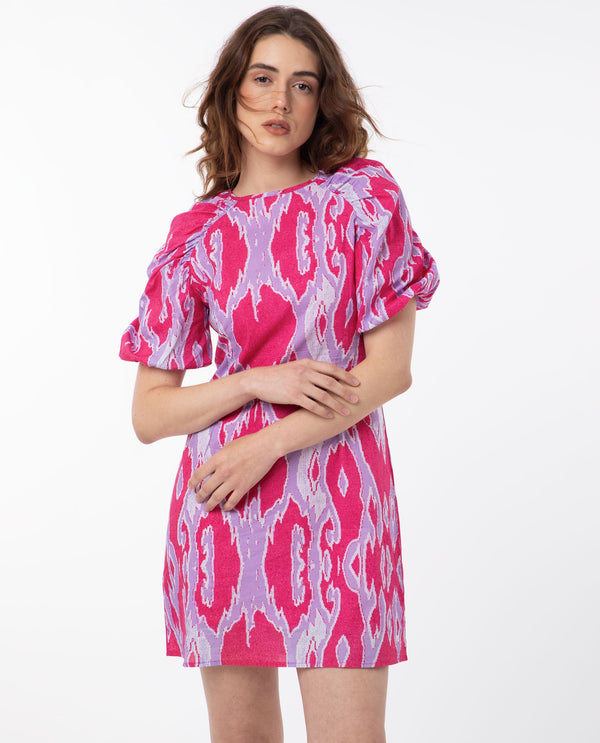 Rareism Women's Roan Pink Cotton Fabric Crew Neck Zipper Closure Puff Sleeve Abstract  Mini Dress