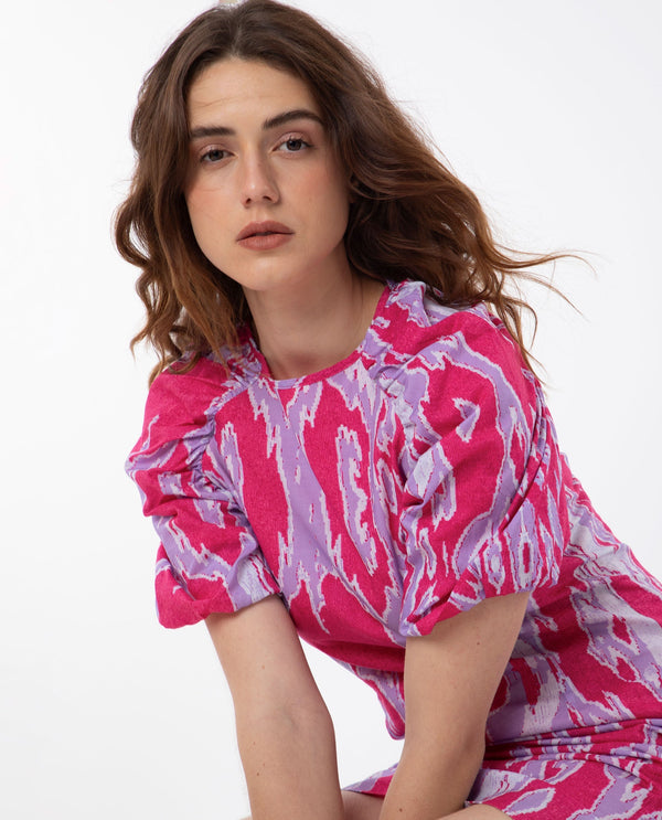 Rareism Women's Roan Pink Cotton Fabric Crew Neck Zipper Closure Puff Sleeve Abstract  Mini Dress