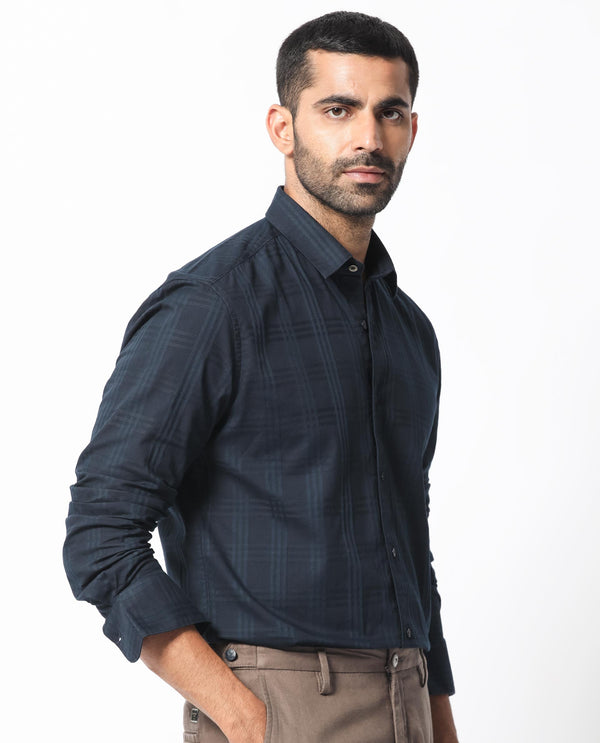 Rare Rabbit Men's Roar Navy Cotton Fabric Full Sleeves Checks Shirt