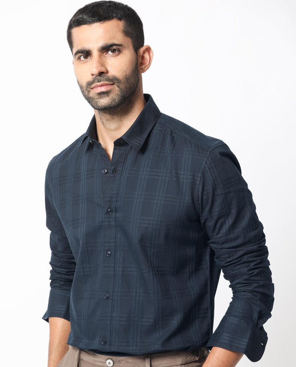 Rare Rabbit Men's Roar Navy Cotton Fabric Full Sleeves Checks Shirt