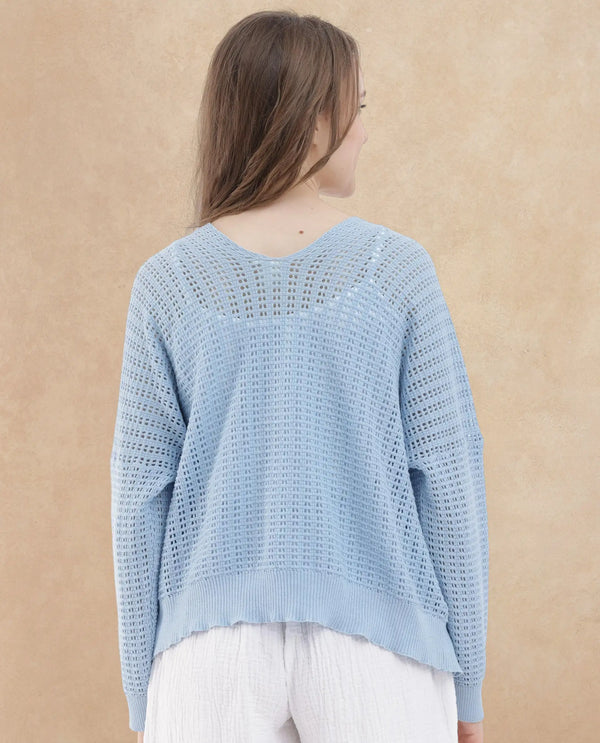 Rareism Women Roba Light Blue Cotton Fabric Full Sleeves Relaxed Fit Plain Shrug