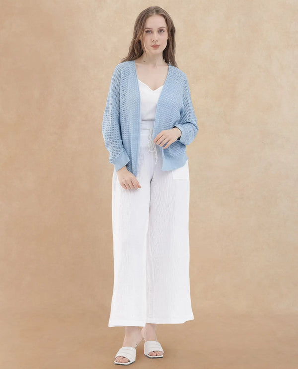 Rareism Women Roba Light Blue Cotton Fabric Full Sleeves Relaxed Fit Plain Shrug