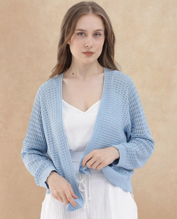Rareism Women Roba Light Blue Cotton Fabric Full Sleeves Relaxed Fit Plain Shrug