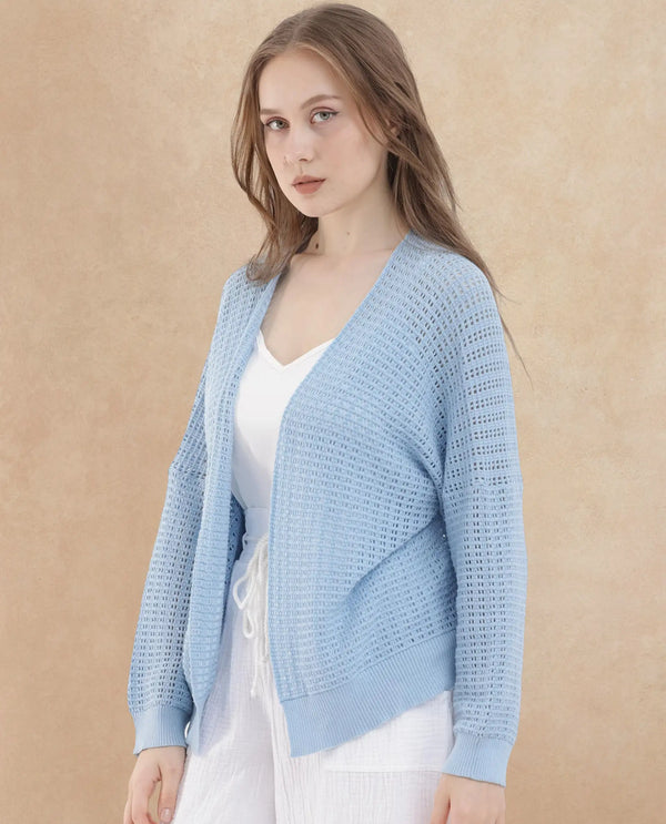 Rareism Women Roba Light Blue Cotton Fabric Full Sleeves Relaxed Fit Plain Shrug