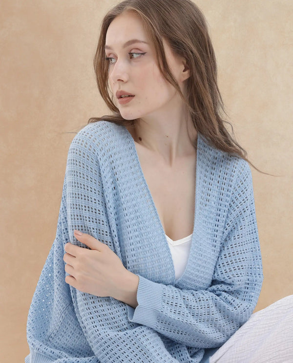 Rareism Women Roba Light Blue Cotton Fabric Full Sleeves Relaxed Fit Plain Shrug