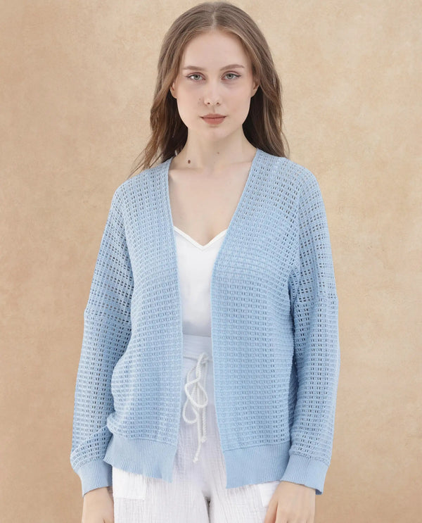 Rareism Women Roba Light Blue Cotton Fabric Full Sleeves Relaxed Fit Plain Shrug