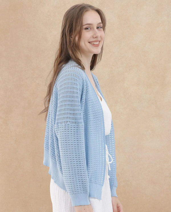 Rareism Women Roba Light Blue Cotton Fabric Full Sleeves Relaxed Fit Plain Shrug