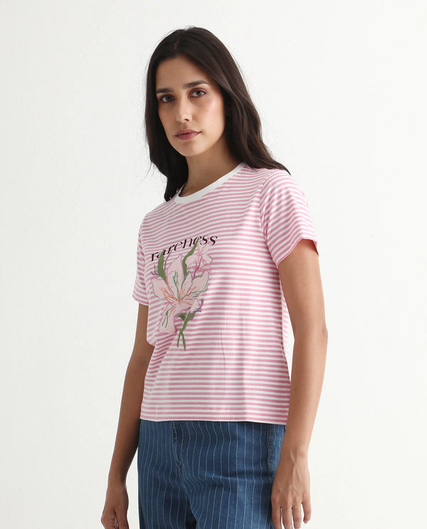 Rareism Women Robbin Light Pink Cotton Blend Fabric Short Sleeve Crew Neck Graphic Print T-Shirt
