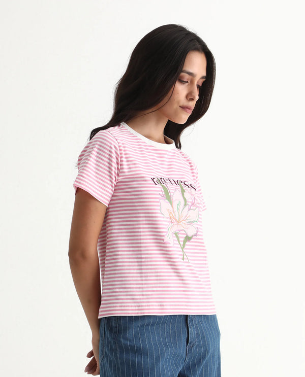 Rareism Women Robbin Light Pink Cotton Blend Fabric Short Sleeve Crew Neck Graphic Print T-Shirt