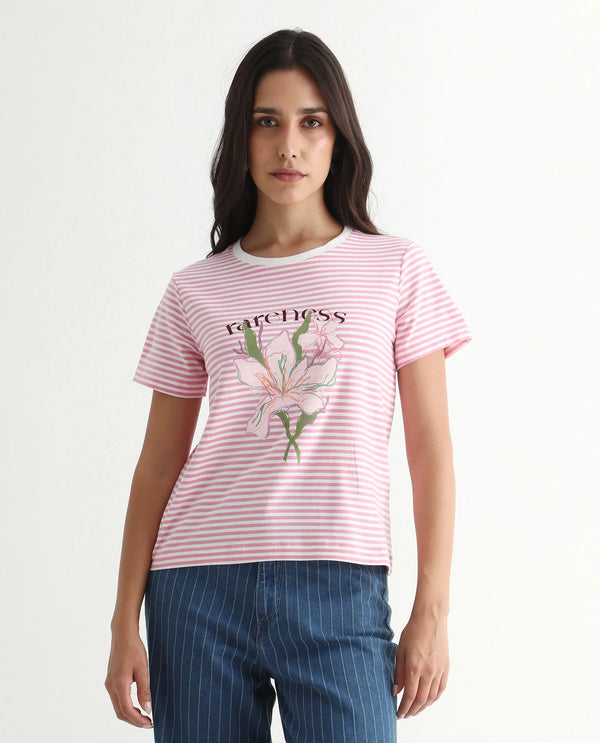 Rareism Women Robbin Light Pink Cotton Blend Fabric Short Sleeve Crew Neck Graphic Print T-Shirt