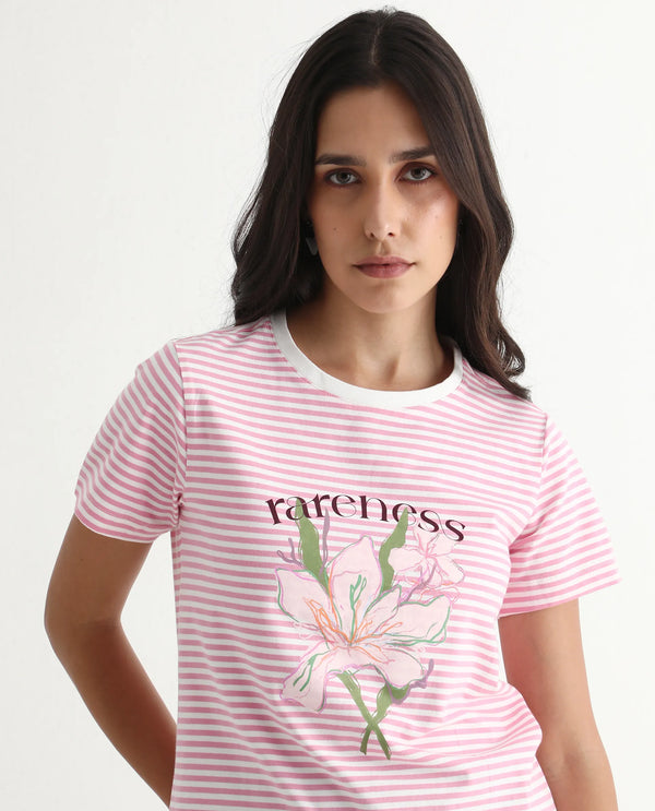 Rareism Women Robbin Light Pink Cotton Blend Fabric Short Sleeve Crew Neck Graphic Print T-Shirt
