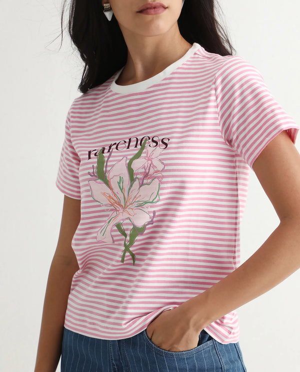 Rareism Women Robbin Light Pink Cotton Blend Fabric Short Sleeve Crew Neck Graphic Print T-Shirt