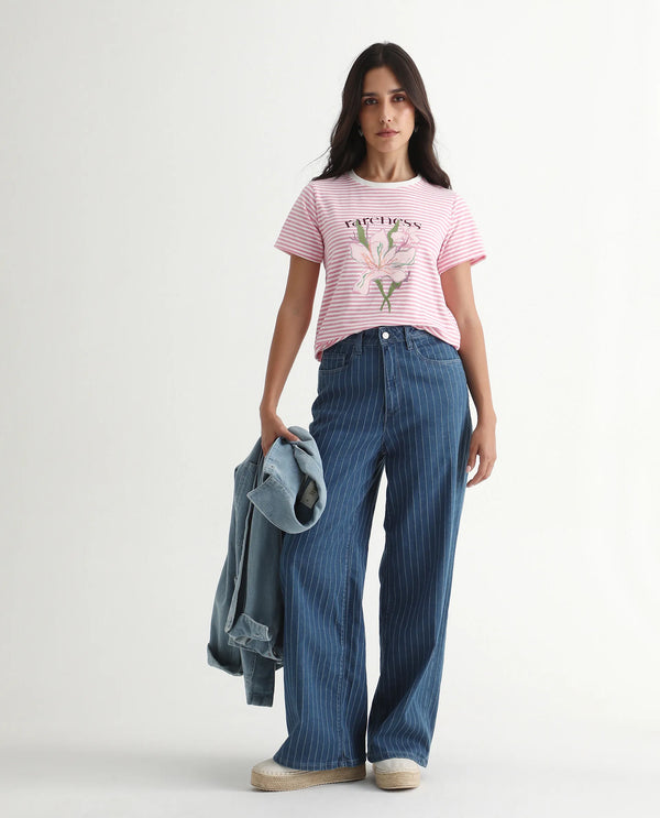Rareism Women Robbin Light Pink Cotton Blend Fabric Short Sleeve Crew Neck Graphic Print T-Shirt
