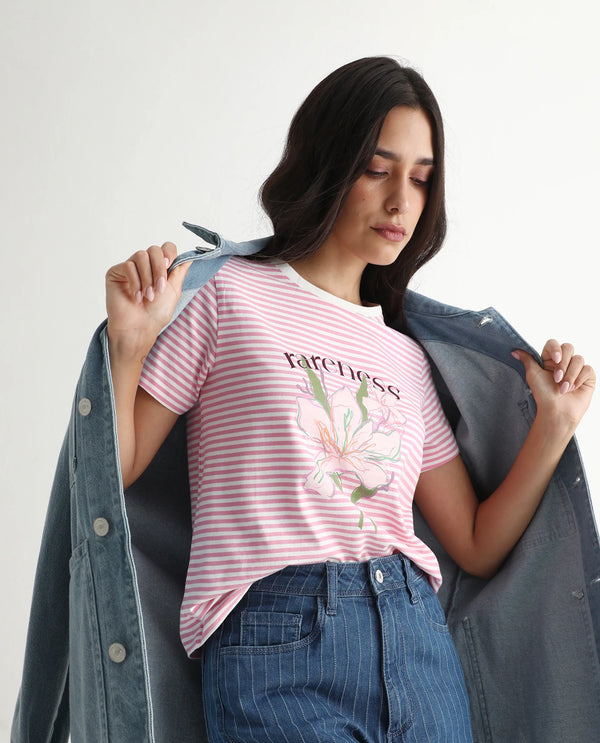 Rareism Women Robbin Light Pink Cotton Blend Fabric Short Sleeve Crew Neck Graphic Print T-Shirt