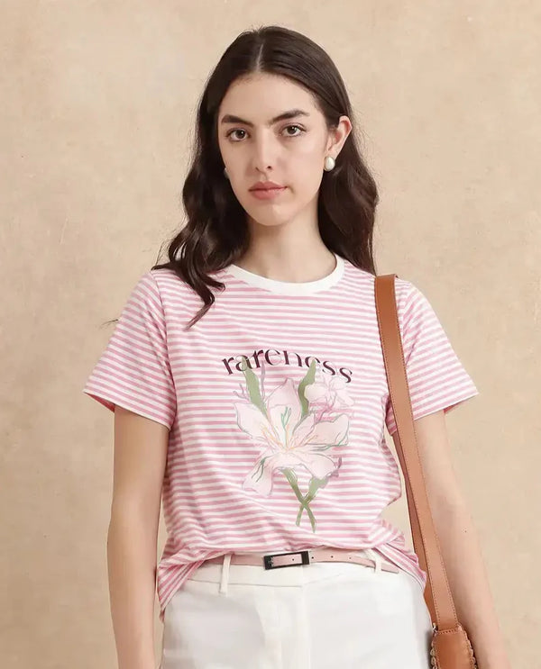 Rareism Women Robbin Light Pink Cotton Blend Fabric Short Sleeve Crew Neck Graphic Print T-Shirt