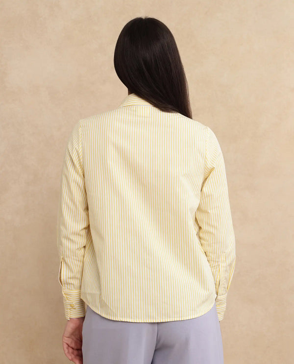Rareism Women Robbu Yellow Cuffed Sleeve Collared Neck Button Closure Narrow Stripes Shirt