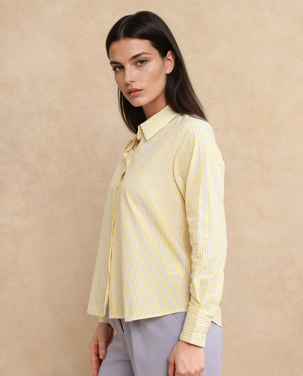 Rareism Women Robbu Yellow Cuffed Sleeve Collared Neck Button Closure Narrow Stripes Shirt