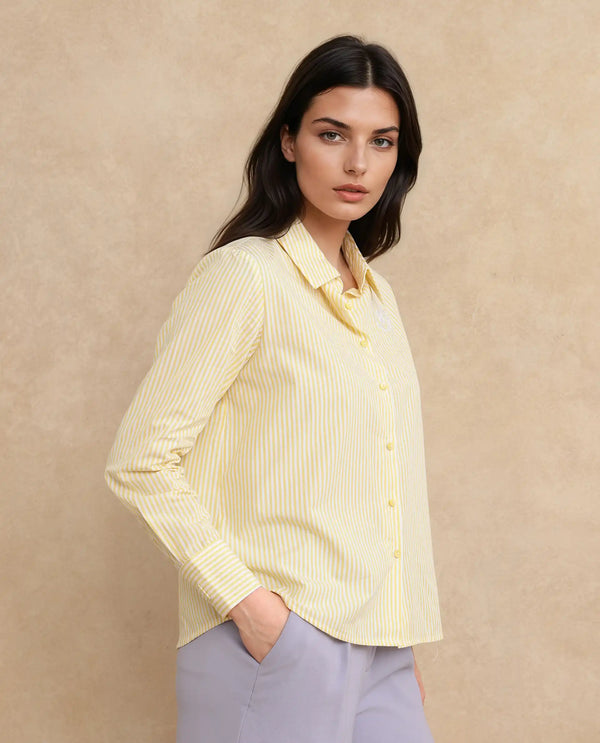 Rareism Women Robbu Yellow Cuffed Sleeve Collared Neck Button Closure Narrow Stripes Shirt