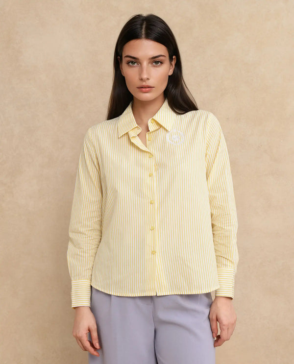 Rareism Women Robbu Yellow Cuffed Sleeve Collared Neck Button Closure Narrow Stripes Shirt