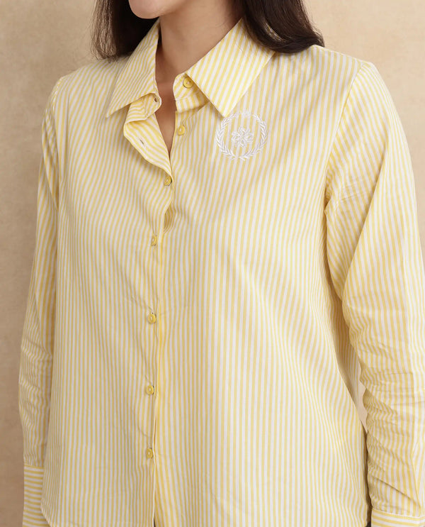 Rareism Women Robbu Yellow Cuffed Sleeve Collared Neck Button Closure Narrow Stripes Shirt